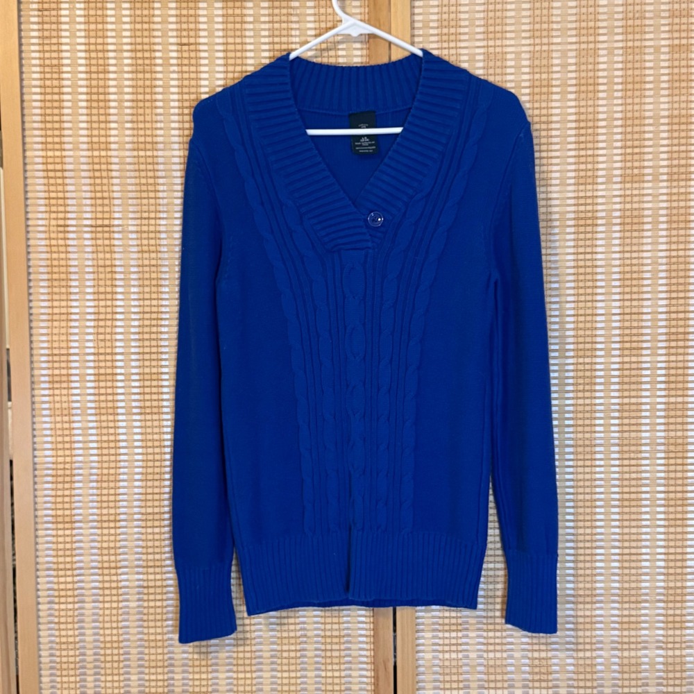 Faded Glory Womens Royal Blue Cable Knit V-Neck Cotton Sweater Large 12-14